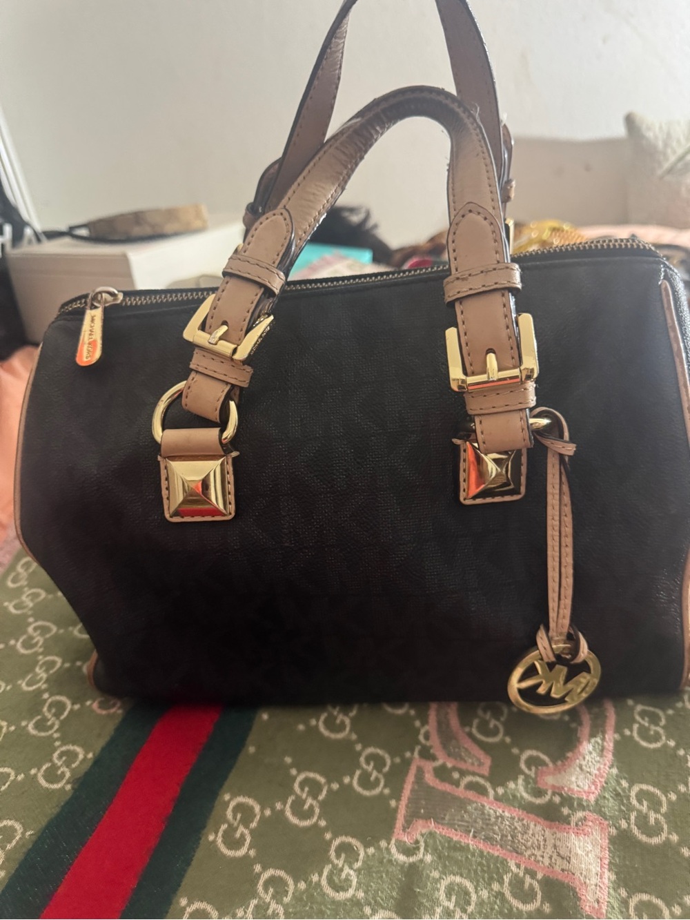 Michael Kors Black and Brown Satchel with Gold Hardware